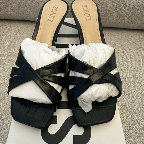 SCHUTZ Black Croc-Embossed Keefa Leather Mules New/ Box & Dustbag Size 8 60mm - Picture 9 of 11